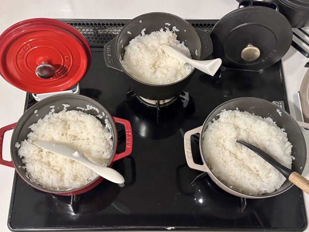 同じお米で炊き比べ!左からココハンM、ピコ・ココットラウンド18cm、ワナベM。ストウブ鍋で炊くごはんの違いを検証中。